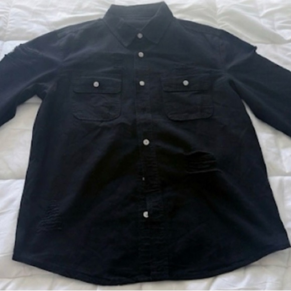 Black Utility Button Up Mens Medium Distressed Workwear Long Sleeve Shirt